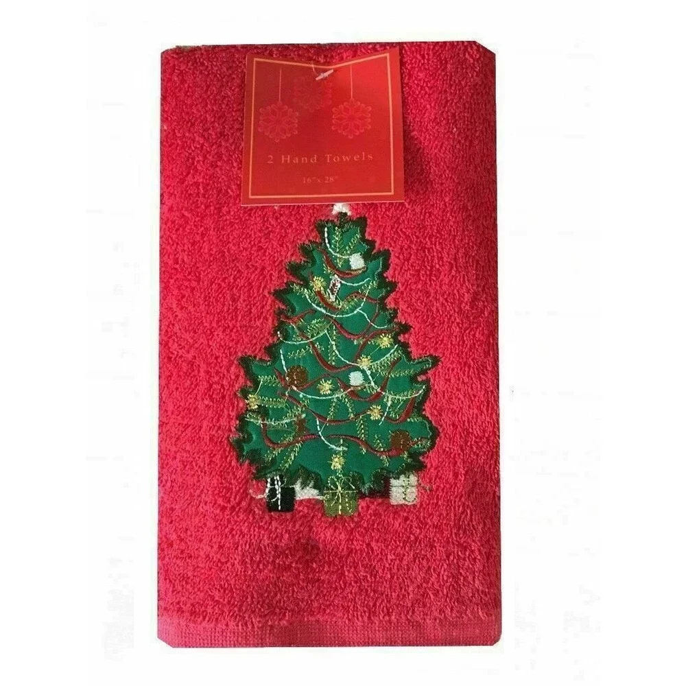 Christmas Tree Red Hand Towels Cotton Embroidered Guest Bathroom 16x28 Set of 2